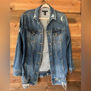 Forever 21 long distressed denim jacket medium with stretch
